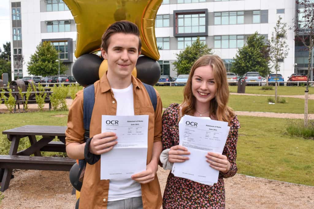 Lowestoft Sixth Form students Liam Coote and Rhianna Sturman with their results. Photo Lowestoft Sixth Form